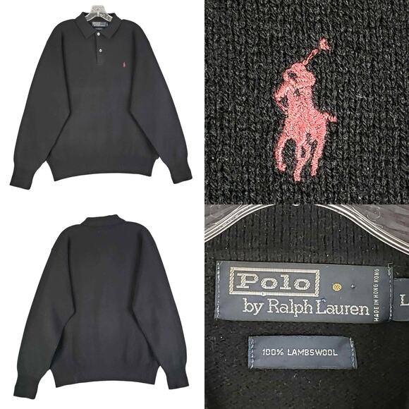 Polo Ralph Lauren Lambswool Sweater Mens Collared 1/4 Button Black Large Vintage - Picture 1 of 9
